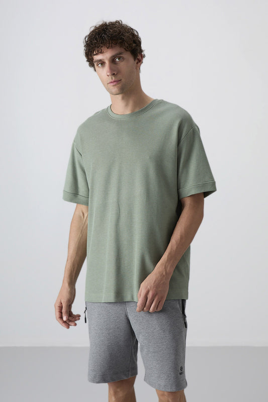 Light Green Cotton Thick Textured Surface Oversize Fit Basic Men's T-Shirt - 88339