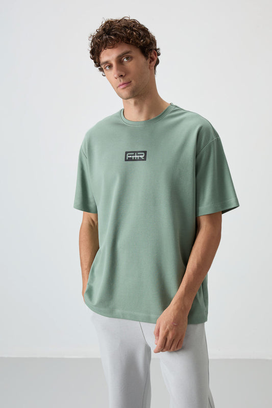 Light Green Thick Textured Surface Cotton Oversize Fit Printed Men's T-Shirt - 88367