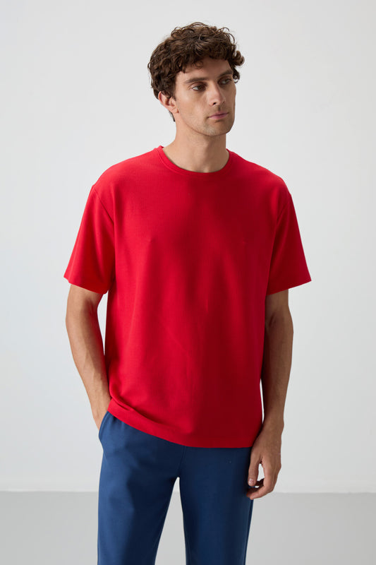 Red Waffle Interlock Textured Surface Oversize Fit Basic Men's T-Shirt - 88379