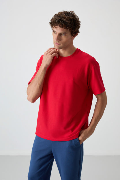 Red Waffle Interlock Textured Surface Oversize Fit Basic Men's T-Shirt - 88379