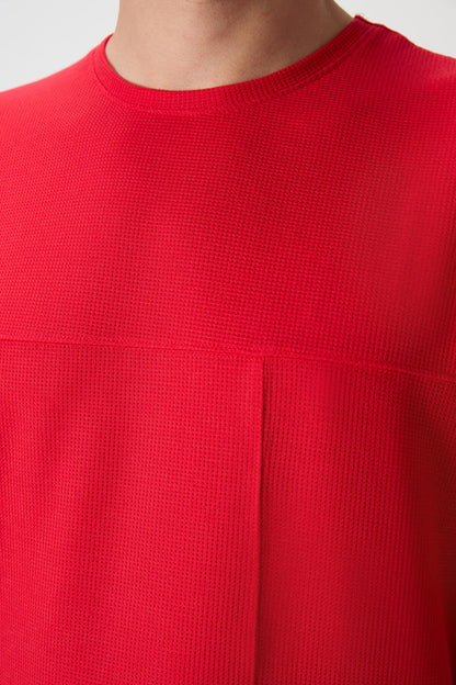 Red Waffle Interlock Textured Surface Oversize Fit Basic Men's T-Shirt - 88380