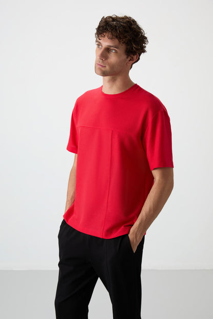 Red Waffle Interlock Textured Surface Oversize Fit Basic Men's T-Shirt - 88380