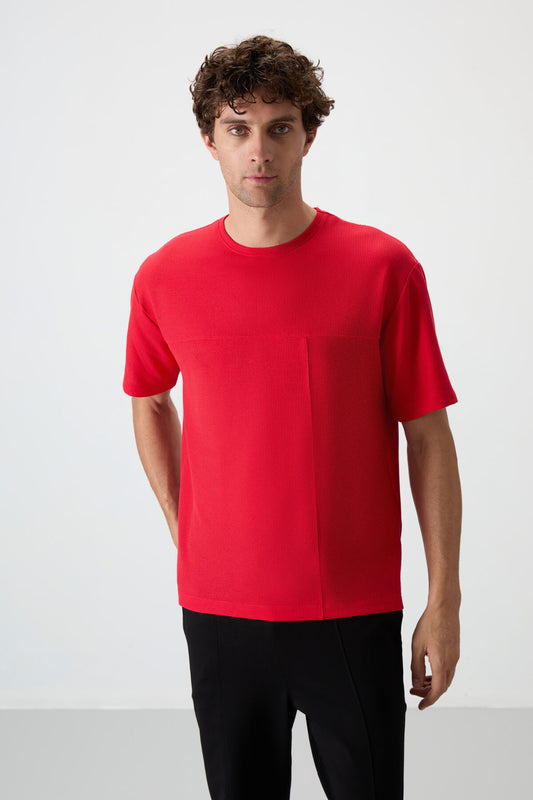 Red Waffle Interlock Textured Surface Oversize Fit Basic Men's T-Shirt - 88380