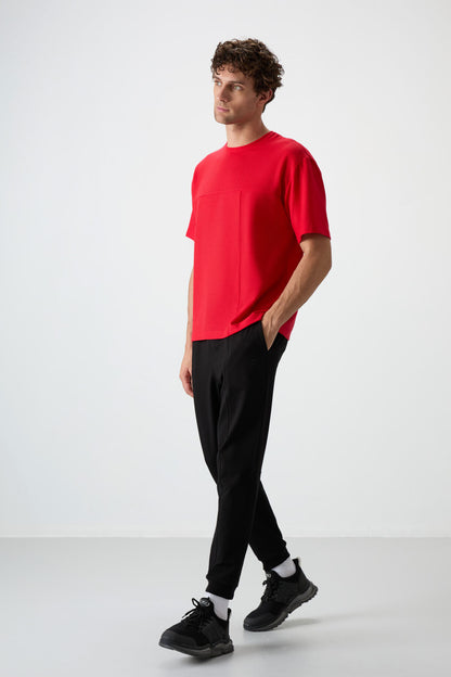 Red Waffle Interlock Textured Surface Oversize Fit Basic Men's T-Shirt - 88380