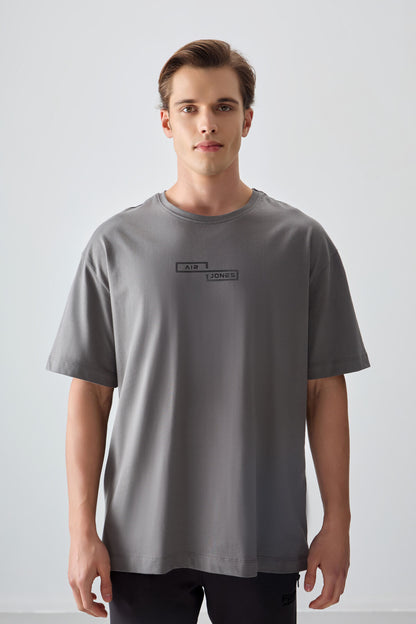 Dark Grey 100% Cotton Thick Soft Textured Oversize Fit Printed Men's T-Shirt - 88361