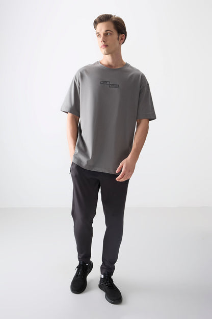 Dark Grey 100% Cotton Thick Soft Textured Oversize Fit Printed Men's T-Shirt - 88361