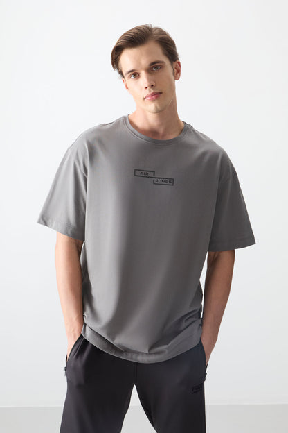 Dark Grey 100% Cotton Thick Soft Textured Oversize Fit Printed Men's T-Shirt - 88361