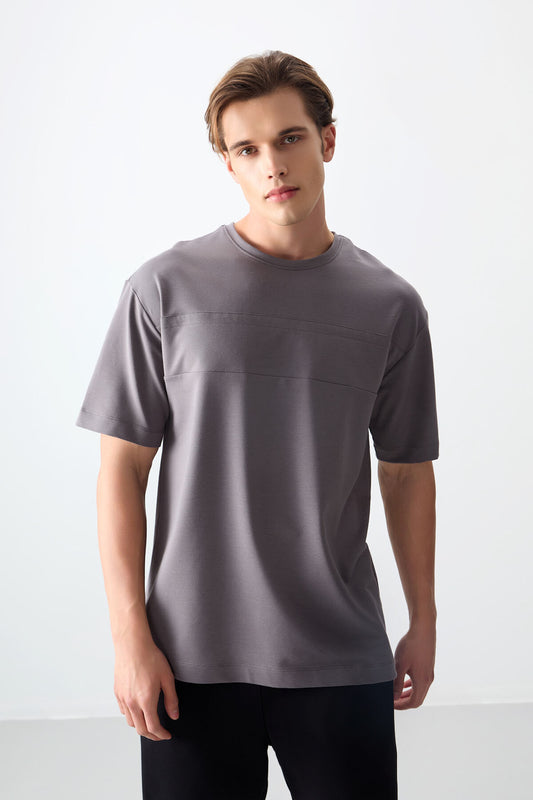 Dark Grey Cotton Thick Soft Textured Oversize Fit Basic Men's T-Shirt - 88378