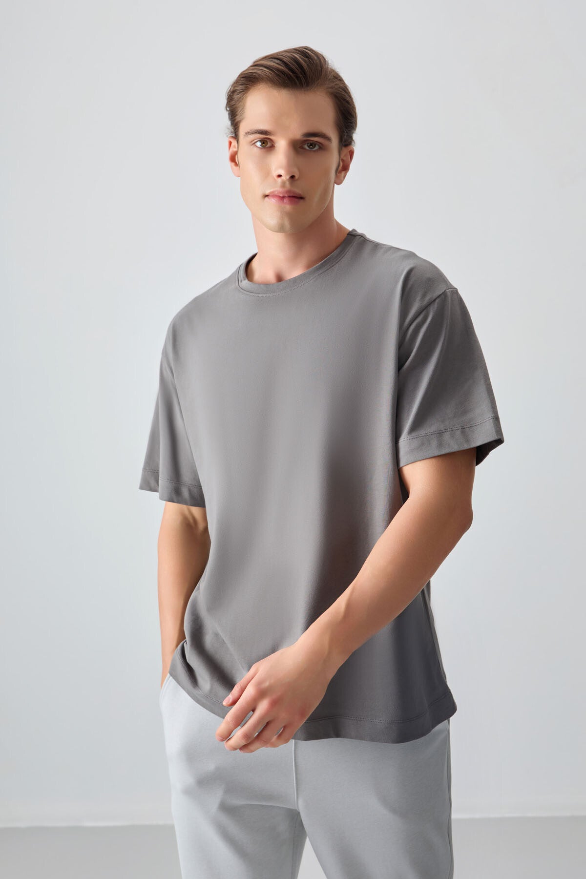 Dark Grey 100% Cotton Thick Soft Textured Oversize Fit Basic Men's T-Shirt - 88353