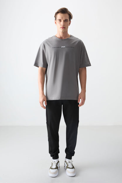 Dark Grey 100% Cotton Thick Soft Textured Oversize Fit Printed Men's T-Shirt - 88357