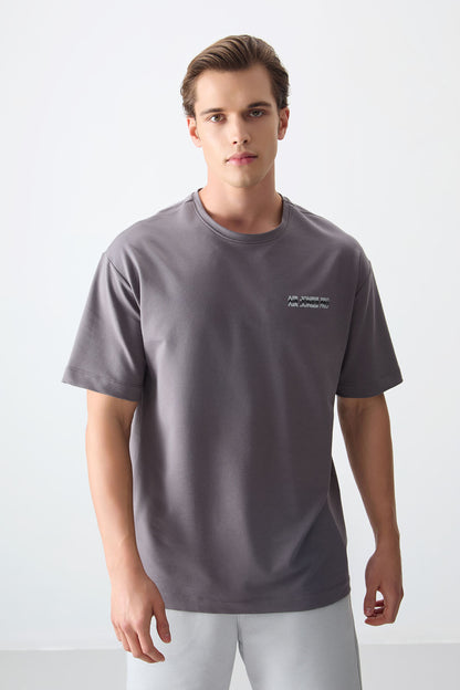 Dark Grey Cotton Thick Soft Textured Oversize Fit Printed Men's T-Shirt - 88375