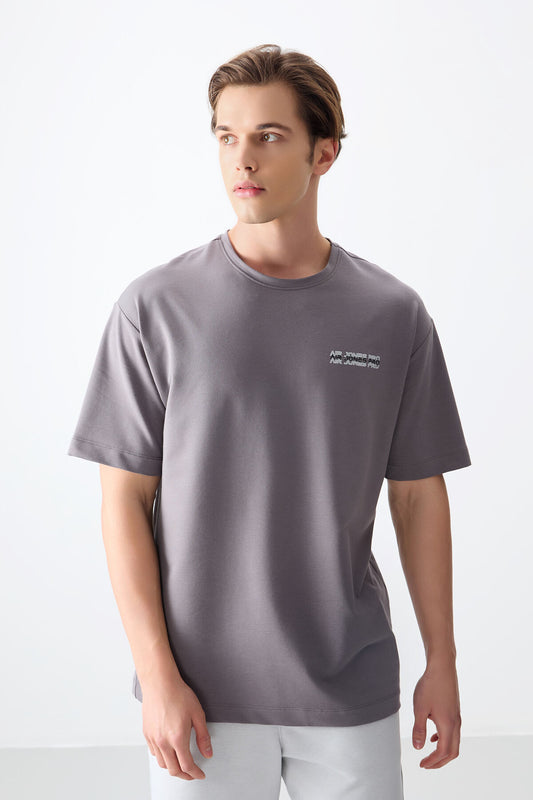 Dark Grey Cotton Thick Soft Textured Oversize Fit Printed Men's T-Shirt - 88375