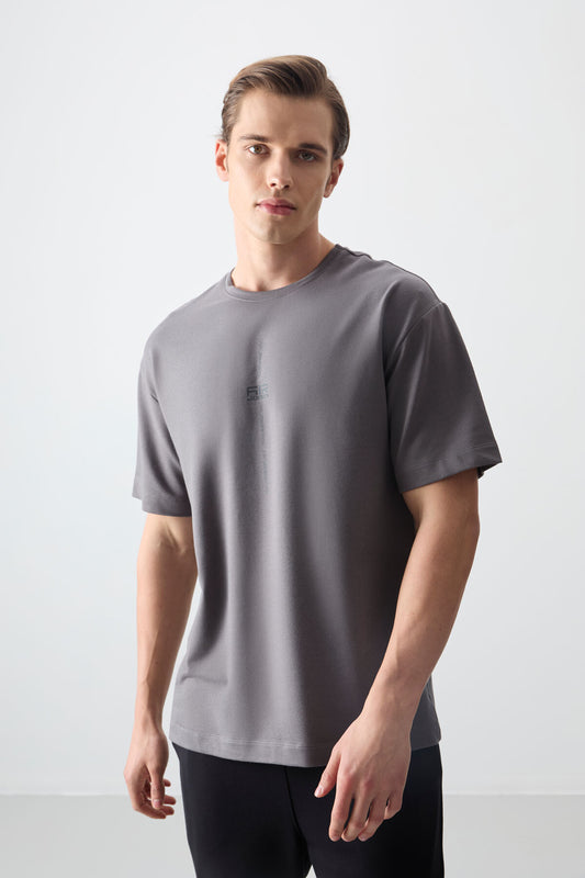 Dark Grey Cotton Thick Soft Textured Oversize Fit Printed Men's T-Shirt - 88373