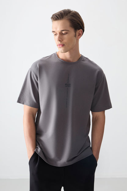 Dark Grey Cotton Thick Soft Textured Oversize Fit Printed Men's T-Shirt - 88373