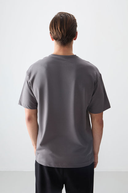 Dark Grey Cotton Thick Soft Textured Oversize Fit Printed Men's T-Shirt - 88373