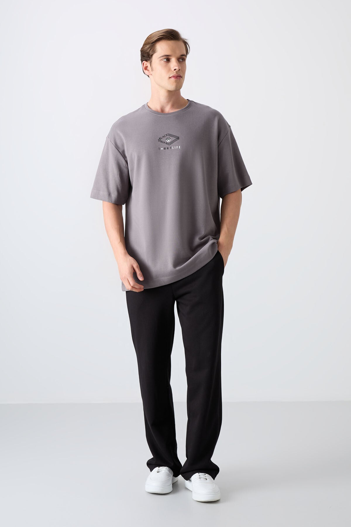 Dark Grey Cotton Thick Soft Textured Oversize Fit Printed Men's T-Shirt - 88325