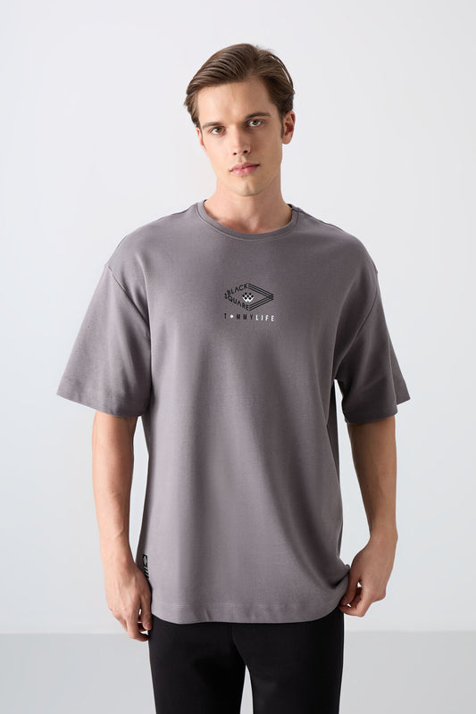 Dark Grey Cotton Thick Soft Textured Oversize Fit Printed Men's T-Shirt - 88325