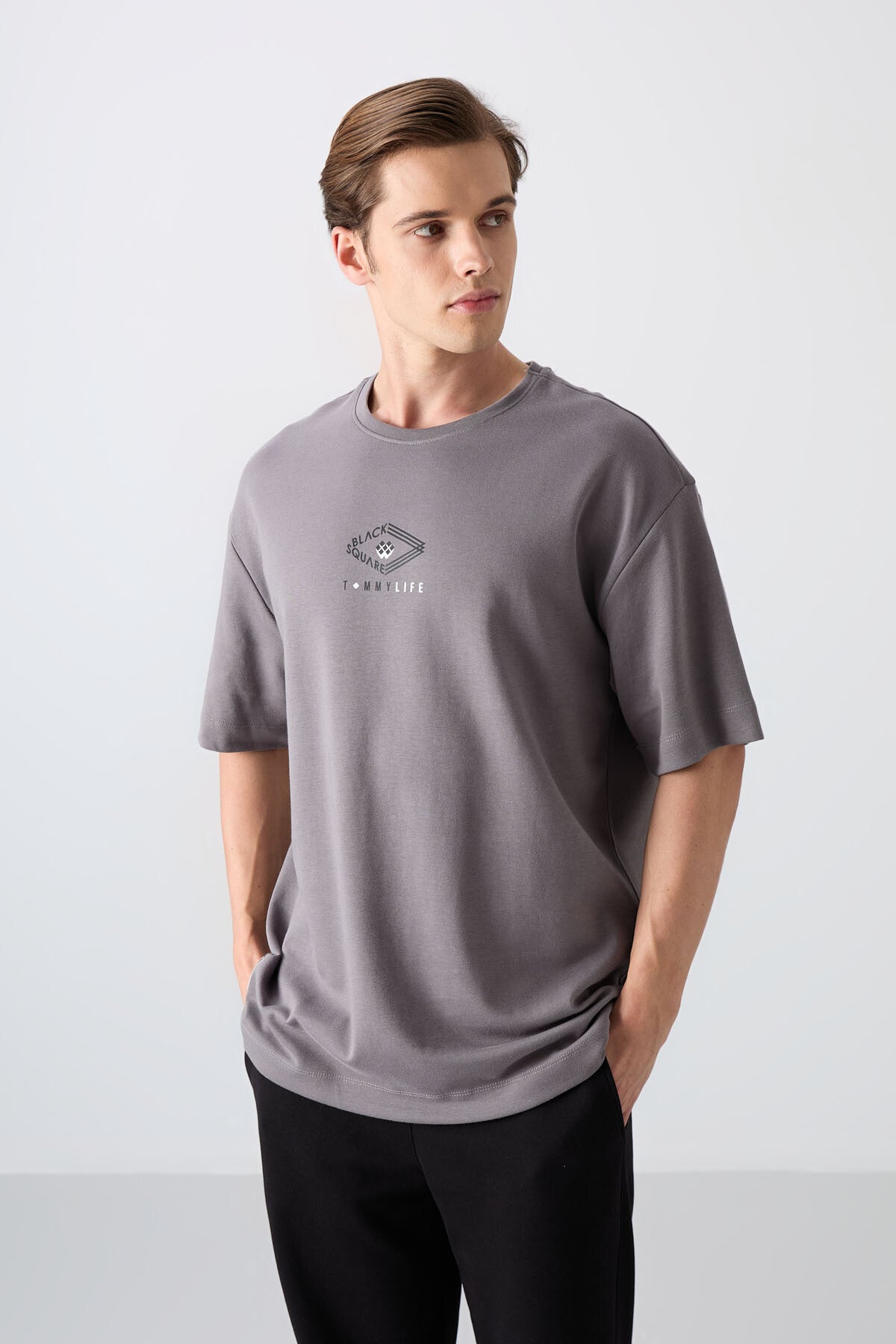Dark Grey Cotton Thick Soft Textured Oversize Fit Printed Men's T-Shirt - 88325