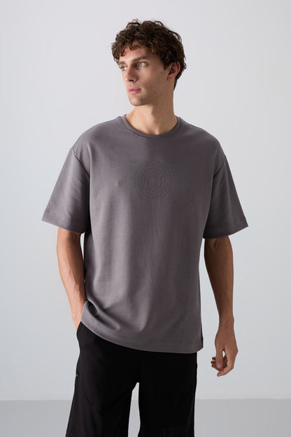 Dark Grey Cotton Thick Soft Textured Oversize Fit Printed Men's T-Shirt - 88324