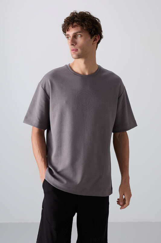 Dark Grey Cotton Thick Soft Textured Oversize Fit Printed Men's T-Shirt - 88324