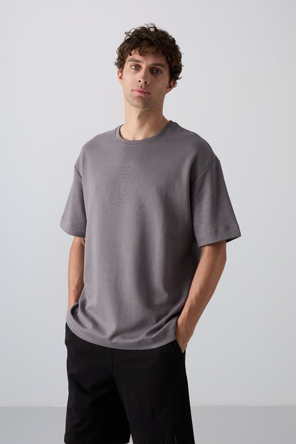 Dark Grey Cotton Thick Soft Textured Oversize Fit Printed Men's T-Shirt - 88324