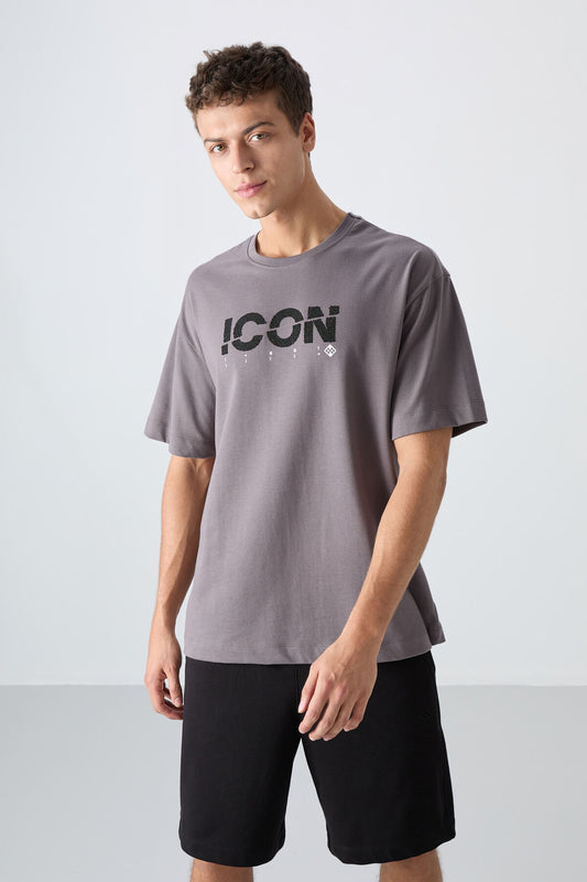Dark Grey Cotton Thick Soft Textured Oversize Fit Printed Men's T-Shirt - 88331