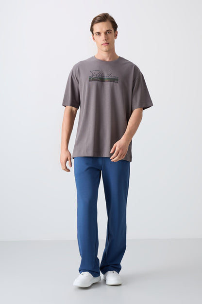 Dark Grey Cotton Thick Soft Textured Oversize Fit Printed Men's T-Shirt - 88334