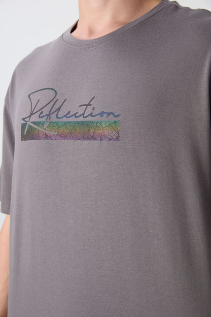 Dark Grey Cotton Thick Soft Textured Oversize Fit Printed Men's T-Shirt - 88334