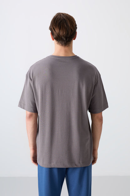 Dark Grey Cotton Thick Soft Textured Oversize Fit Printed Men's T-Shirt - 88334