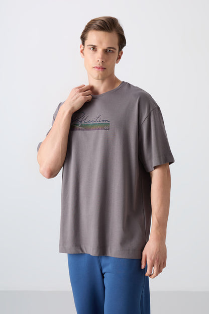 Dark Grey Cotton Thick Soft Textured Oversize Fit Printed Men's T-Shirt - 88334