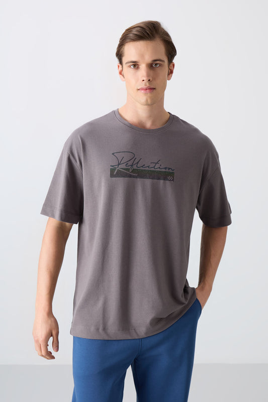 Dark Grey Cotton Thick Soft Textured Oversize Fit Printed Men's T-Shirt - 88334