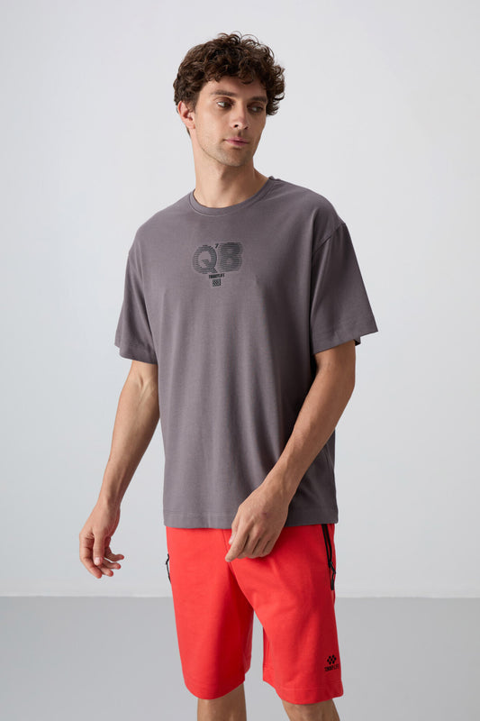 Dark Grey Cotton Thick Soft Textured Oversize Fit Printed Men's T-Shirt - 88333