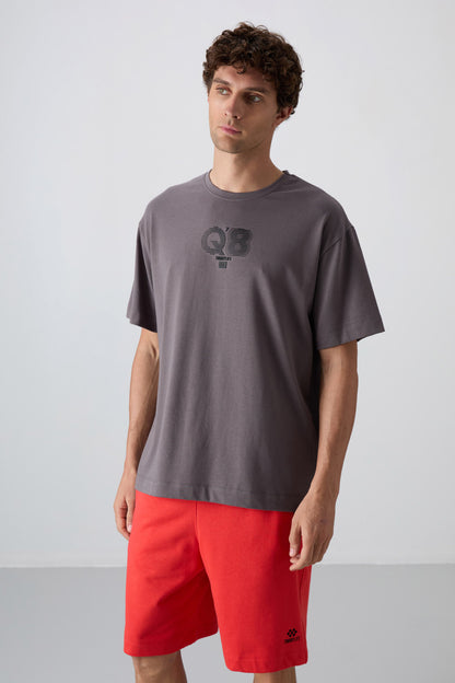 Dark Grey Cotton Thick Soft Textured Oversize Fit Printed Men's T-Shirt - 88333