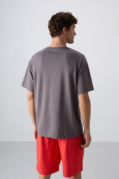 Dark Grey Cotton Thick Soft Textured Oversize Fit Printed Men's T-Shirt - 88333