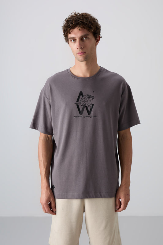 Dark Grey Cotton Thick Soft Textured Oversize Fit Printed Men's T-Shirt - 88332