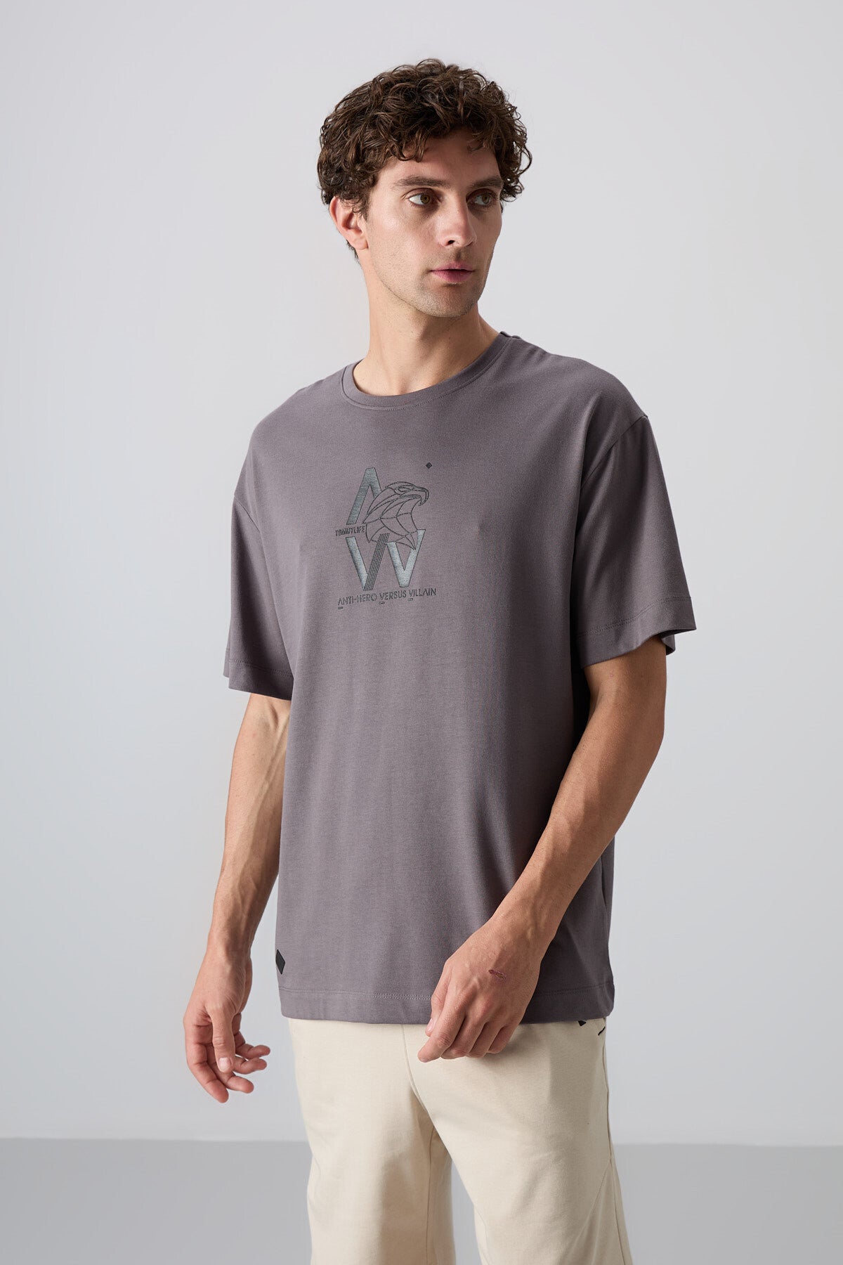Dark Grey Cotton Thick Soft Textured Oversize Fit Printed Men's T-Shirt - 88332