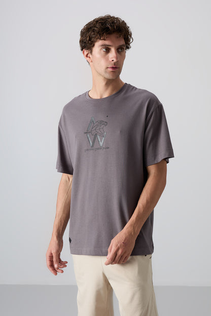 Dark Grey Cotton Thick Soft Textured Oversize Fit Printed Men's T-Shirt - 88332