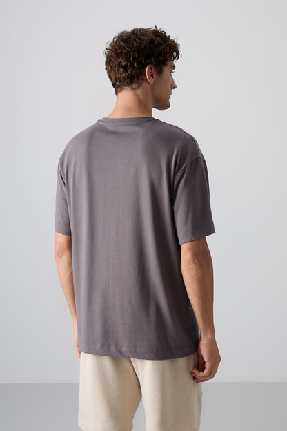 Dark Grey Cotton Thick Soft Textured Oversize Fit Printed Men's T-Shirt - 88332