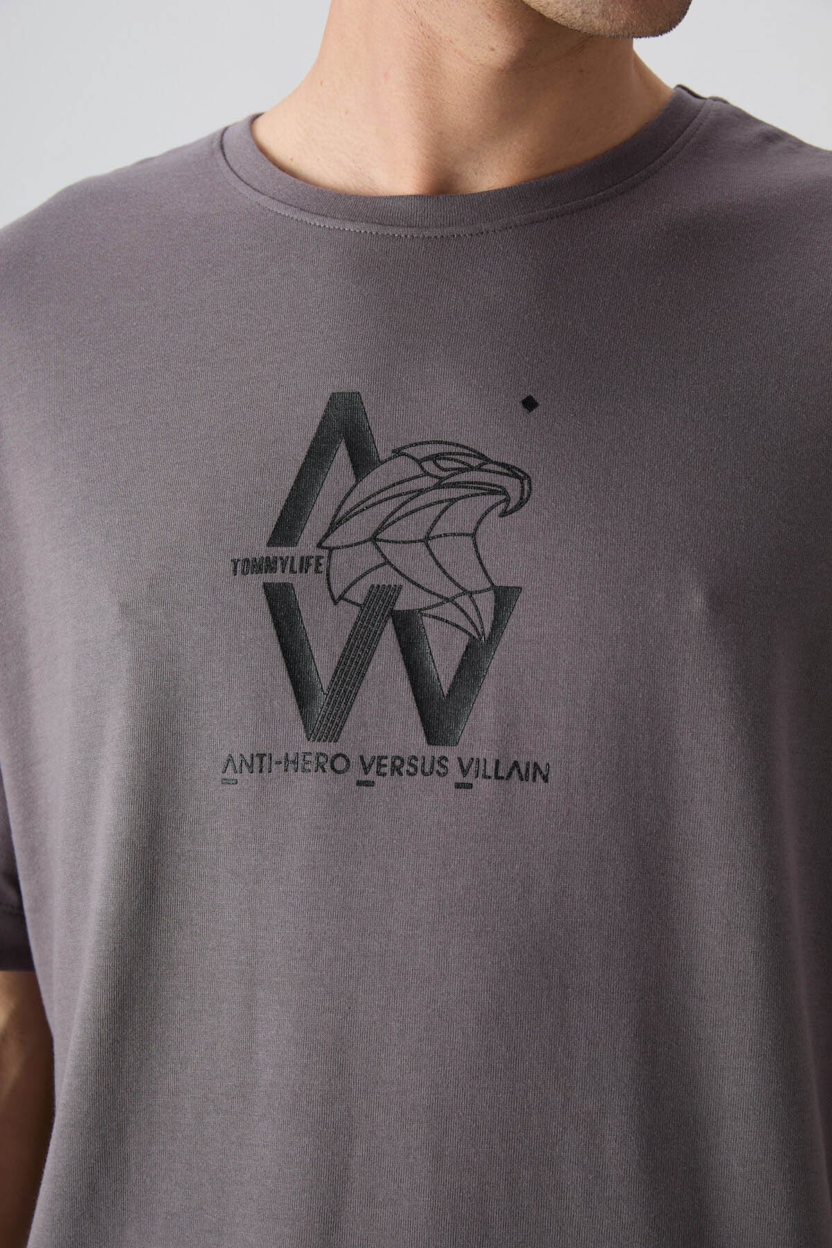 Dark Grey Cotton Thick Soft Textured Oversize Fit Printed Men's T-Shirt - 88332