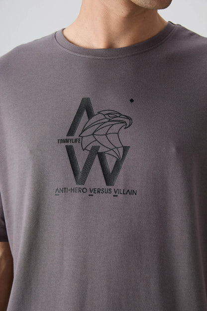 Dark Grey Cotton Thick Soft Textured Oversize Fit Printed Men's T-Shirt - 88332