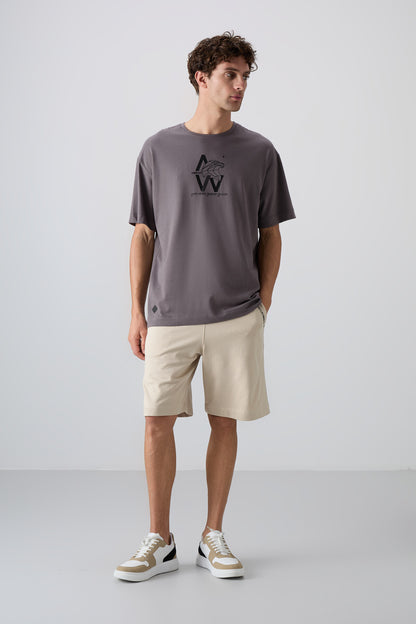 Dark Grey Cotton Thick Soft Textured Oversize Fit Printed Men's T-Shirt - 88332
