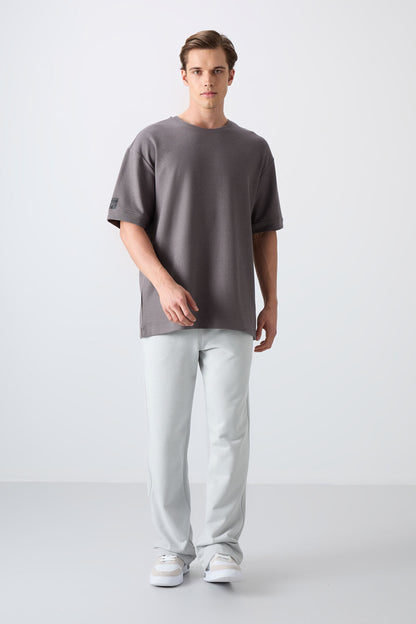 Dark Gray Cotton Thick Textured Surface Oversize Fit Basic Men's T-Shirt - 88339