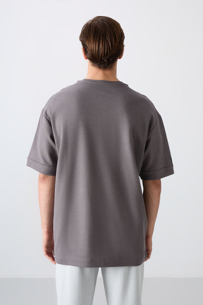 Dark Gray Cotton Thick Textured Surface Oversize Fit Basic Men's T-Shirt - 88339