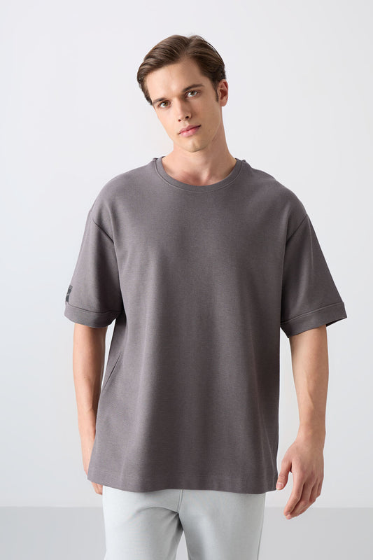 Dark Gray Cotton Thick Textured Surface Oversize Fit Basic Men's T-Shirt - 88339