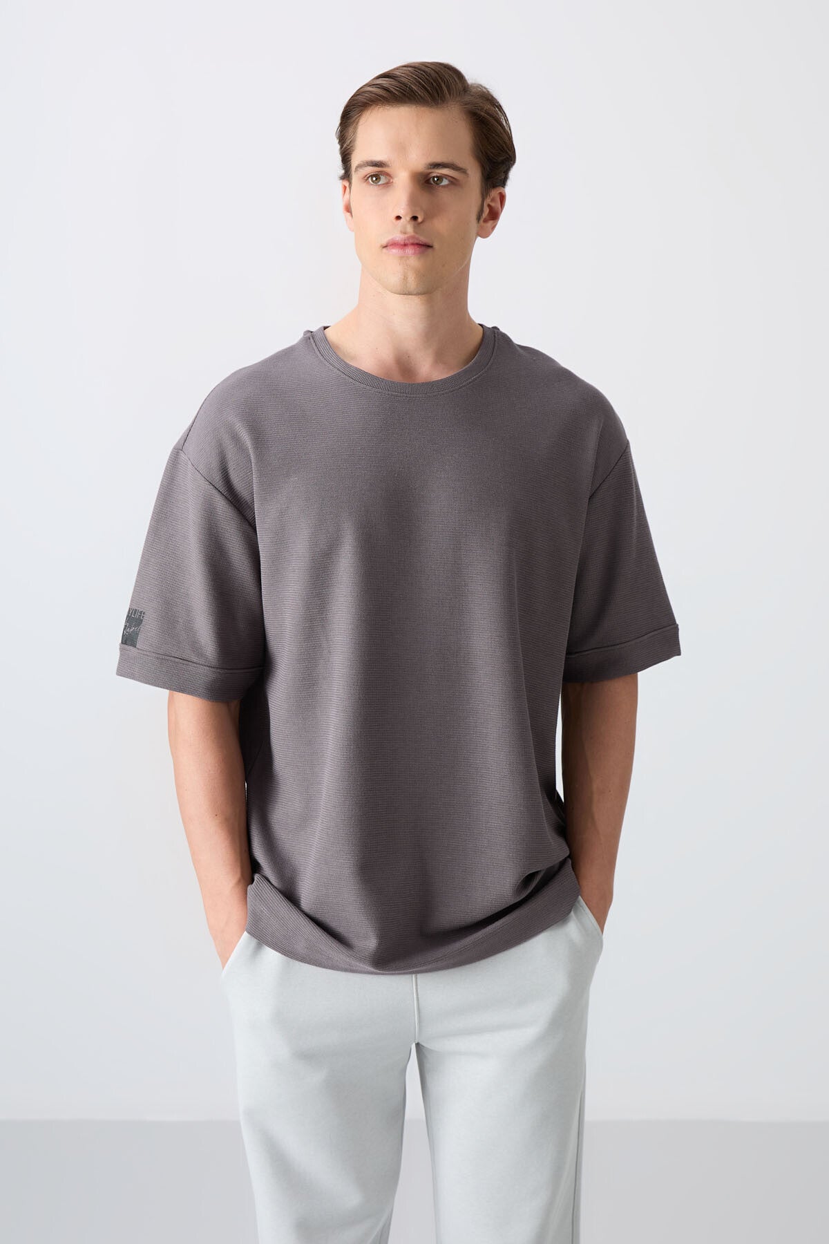 Dark Gray Cotton Thick Textured Surface Oversize Fit Basic Men's T-Shirt - 88339