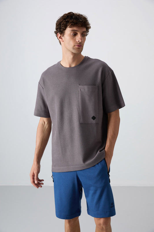 Dark Grey Cotton Thick Textured Oversize Fit Basic Men's T-Shirt - 88341