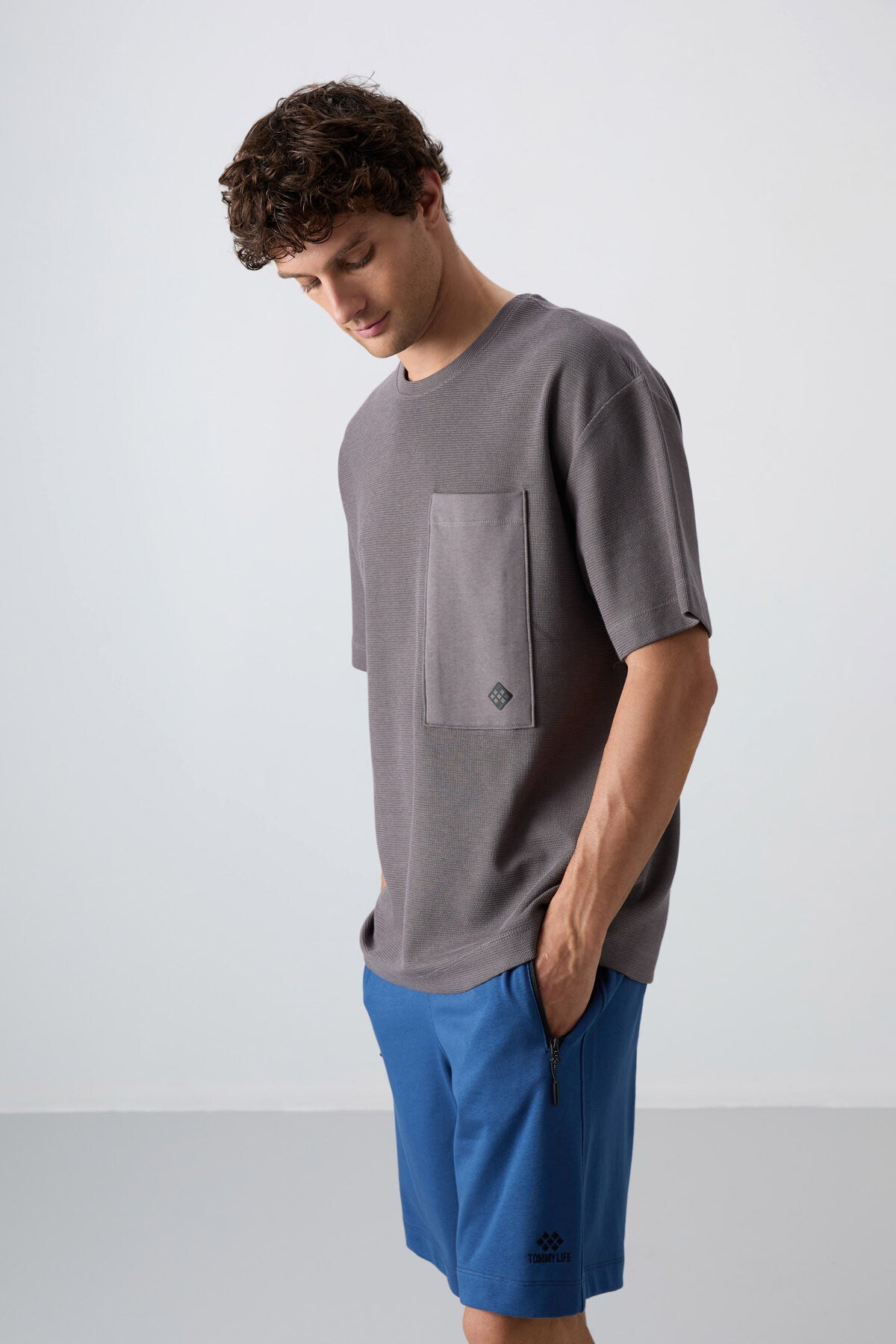 Dark Grey Cotton Thick Textured Oversize Fit Basic Men's T-Shirt - 88341