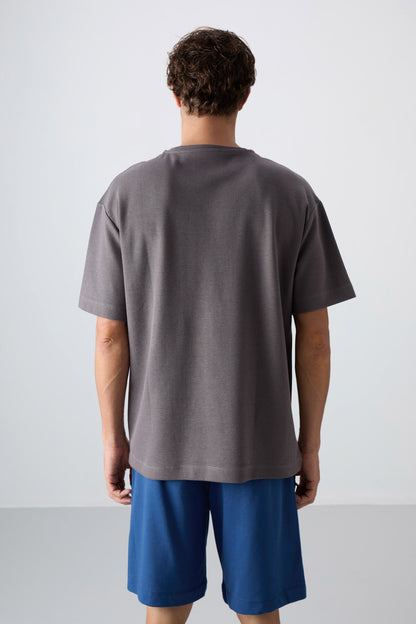 Dark Grey Cotton Thick Textured Oversize Fit Basic Men's T-Shirt - 88341