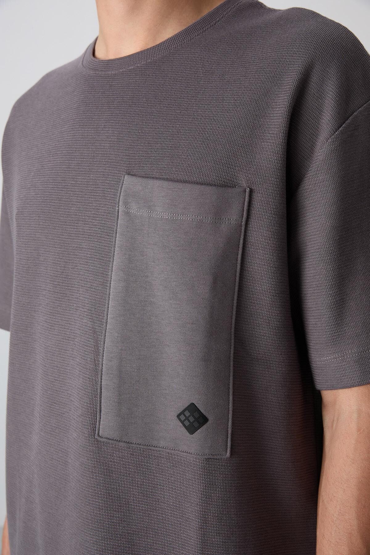 Dark Grey Cotton Thick Textured Oversize Fit Basic Men's T-Shirt - 88341