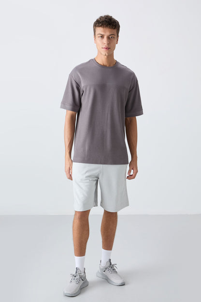 Dark Grey Cotton Thick Textured Surface Oversize Fit Basic Men's T-Shirt - 88340